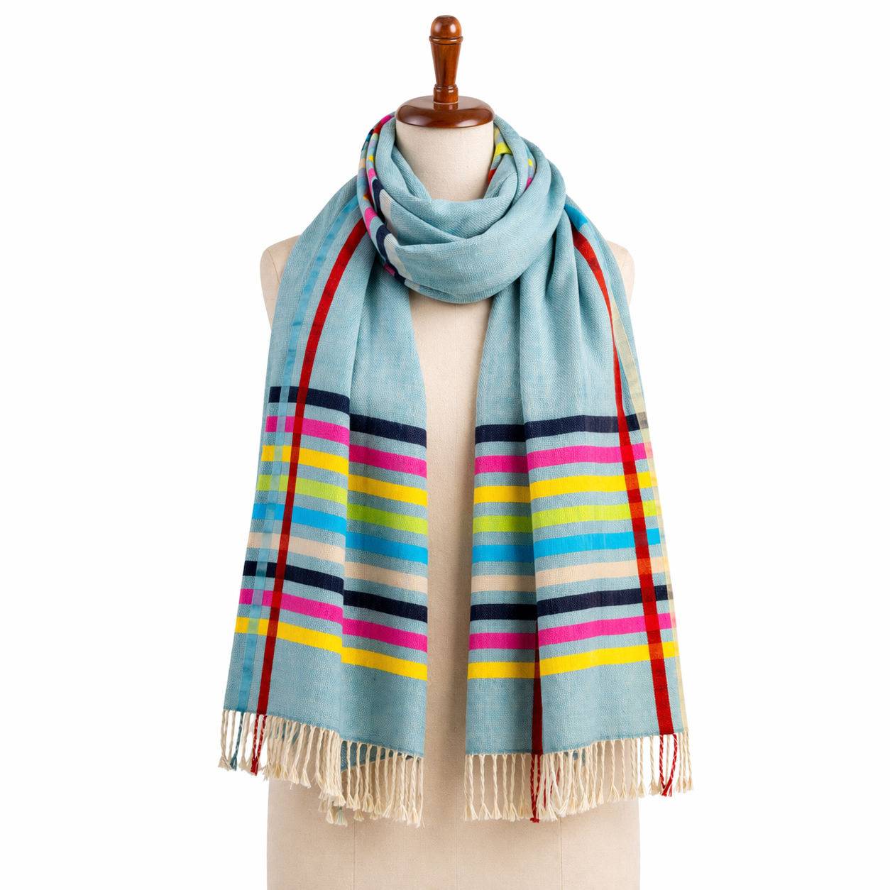 Blue Wool Scarf With Metallic Silk Stripes